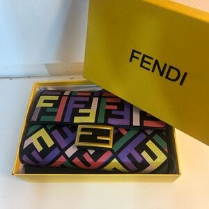Fendi Rainbow FF Logo Leather Clutch with Gold-Tone Buckle